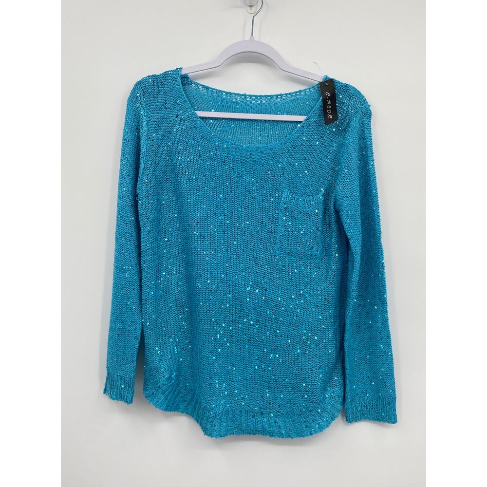C-Mode Scoop Neck Pullover MSequin Knit Sweater Blue Size Small